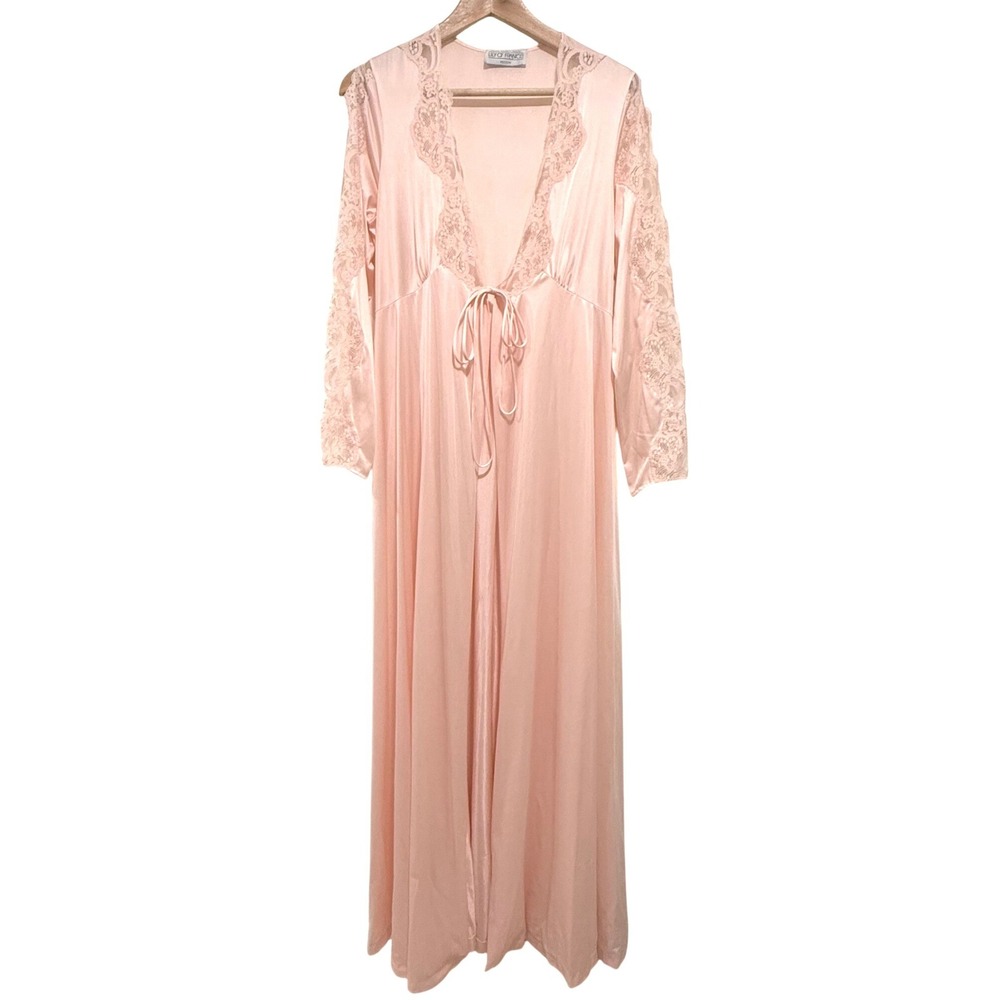 1970s Lily Of France Blush Pink Peignoir Robe Lace Romantic Union Made ILGWU